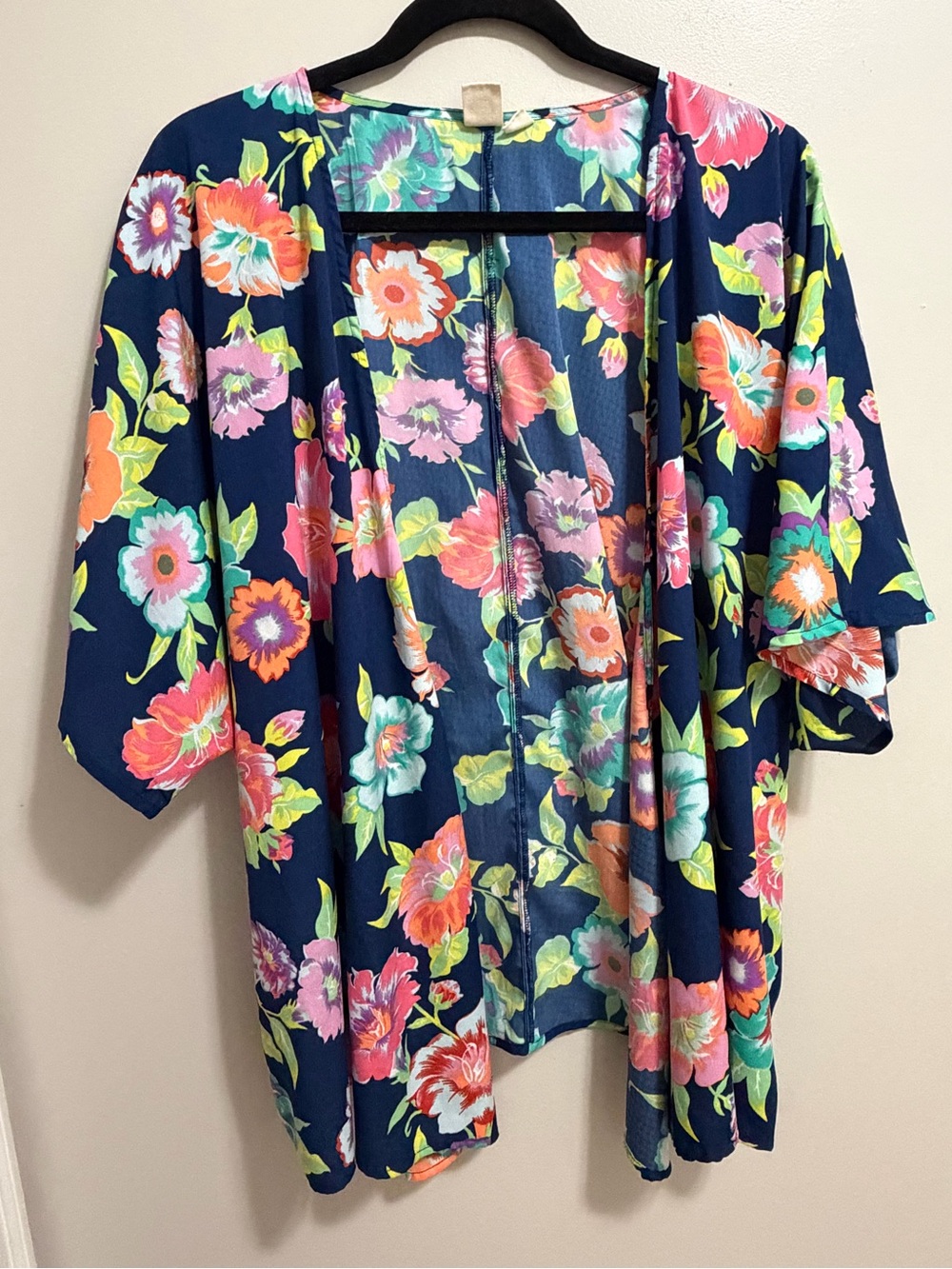Roxy Floral Kimono Cover Up Navy Blue Open Front Cardigan Medium Large M L